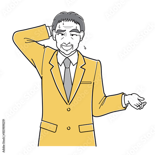 後ろ頭に手をあててしどろもどろ状態のスーツの中年男性・上半身（シンプル）