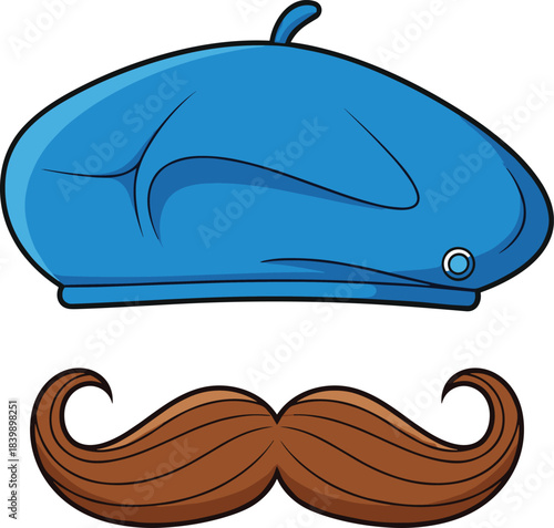 Blue Beret Hat and Brown Moustache on White Background french paris