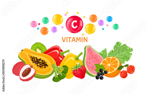 Vitamin C food sources. Fresh fruit and vegetables isolated on white background. Vector flat cartoon illustration. 