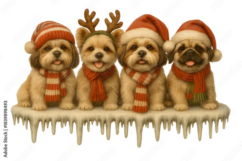 Fototapeta premium Cute Christmas Dog Breeds Collection – Holiday Puppy Set in Festive Winter Outfits, Transparent background, Shi Tzu