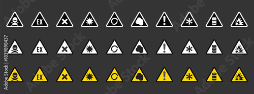 Set of danger icons. General symbol of attention. Hazard concept. Radiation, electricity, cold, danger signs