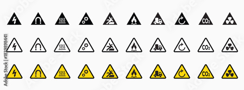 Set of danger icons. General symbol of attention. Hazard concept. Radiation, electricity, cold, danger signs