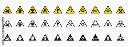 Set of danger icons. General symbol of attention. Hazard concept. Radiation, electricity, cold, danger signs