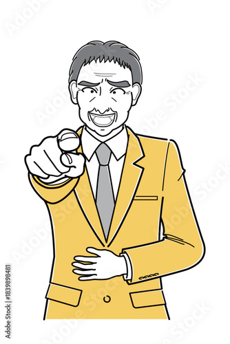 指をさしてあざ笑うスーツの中年男性・上半身（シンプル）