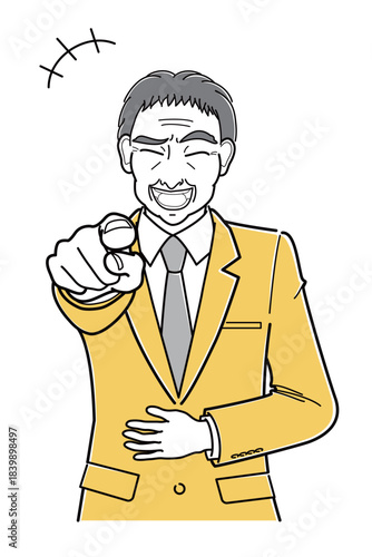 腹を抱えて笑うスーツの中年男性・上半身（シンプル）