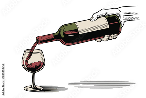 Hand pouring deep red wine into a clear glass, creating a celebratory toast.