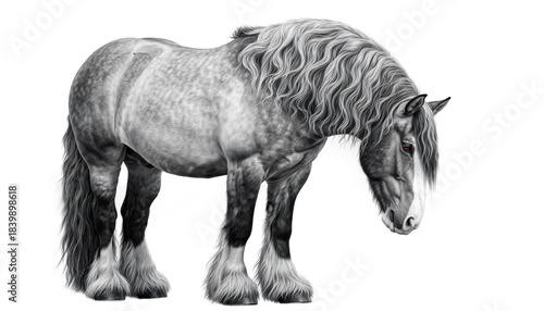 A highly detailed black and white drawing of a majestic Shire horse with a flowing mane and feathered legs.