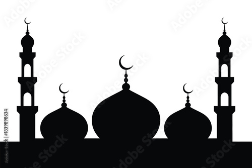 Iconic silhouette of a mosque with multiple domes and minarets against a white background.