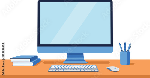 Computer Desk Setup with Monitor Keyboard Mouse Books and Pens Keywords: computer, desk, monitor, screen, keyboard, mouse, computer