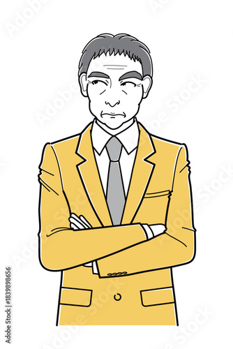 腕を組んで考え事をしているスーツの中年男性・上半身（シンプル）