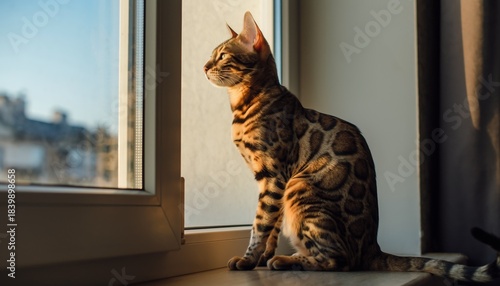 A Bengal cat with distinctive spotted fur sits on a windowsill, bathed in warm sunlight.