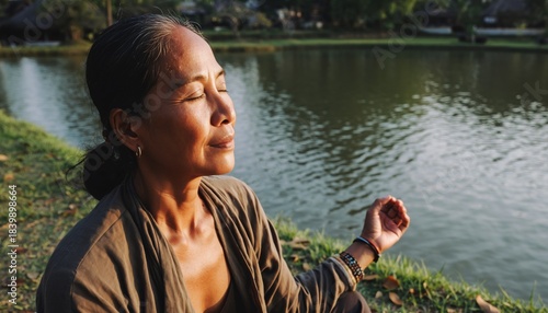 A serene woman meditates by a tranquil lake at sunset, with her eyes closed and a peaceful expression.