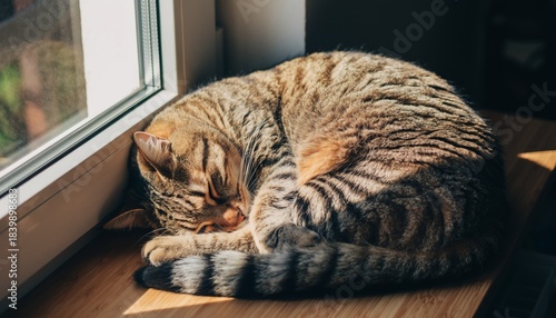 A tabby cat is curled up sleeping peacefully in a sunbeam by a window.