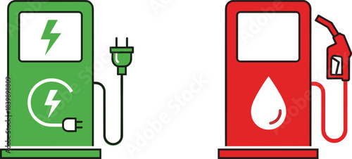 Electric Vehicle Charging Station Versus Gasoline Fuel Pump Icons Side By Side electric car gasoline pump