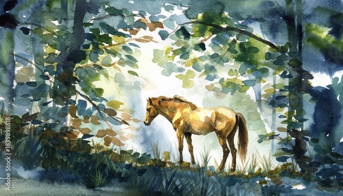 A lone horse stands in a sun-dappled forest clearing, surrounded by lush greenery and dappled light.