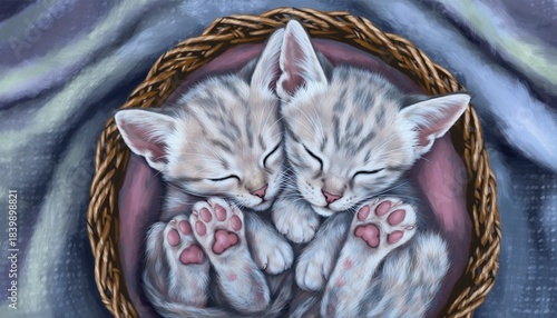 Two adorable tabby kittens sleeping peacefully curled up together in a woven basket on a soft blue blanket.