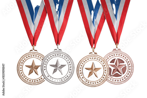Four achievement medals, gold, silver, and bronze, hang on red, white, and blue ribbons against a white background.