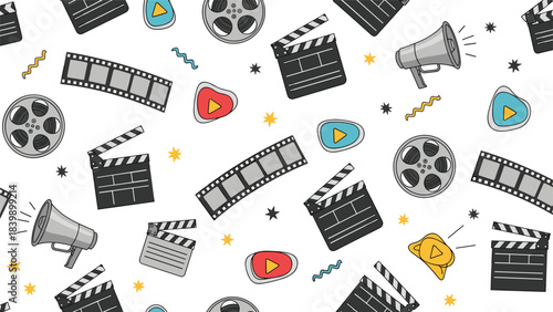 Fun and chaotic seamless pattern of various cinema and movie-making icons on a clean white background, perfect for a film festival.