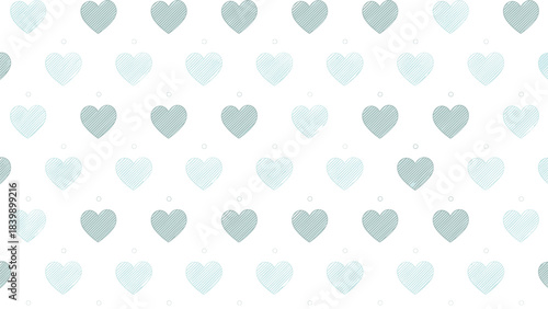 Seamless romantic pattern featuring light and dark sage green scribbled hearts arranged in neat rows on a clean white background.