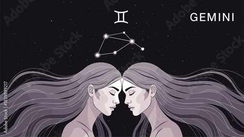 Astrological illustration of the Gemini zodiac sign showing twin women with long flowing hair below the constellation in a dark starry sky.