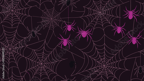Spooky seamless Halloween pattern of black and purple spiders hanging from intricate webs on a dark, mysterious purple background.