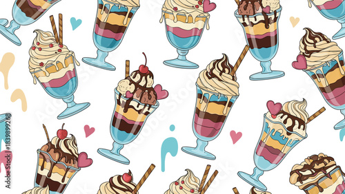 Delicious and colorful seamless pattern of ice cream sundaes in glass cups, decorated with hearts, cherries, and chocolate sauce.
