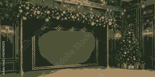Christmas Luxurious deep green Christmas backdrop with a gold ornate border, elegant and festive holiday design.