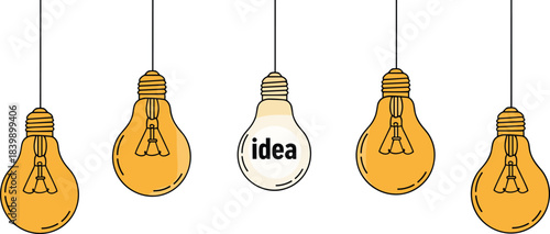 Five hanging light bulbs with one illuminated and displaying the word idea concept inspiration