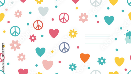 Bright and cheerful seamless pattern with colorful hearts, flowers, and peace signs, evoking a retro 70s hippie and love aesthetic.