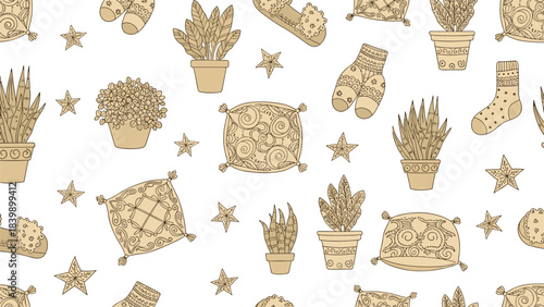 Cozy home-themed seamless pattern with hand-drawn houseplants, pillows, slippers, and stars in a simple monochrome brown line art style.
