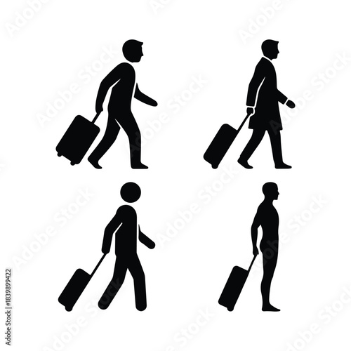 Traveler with suitcase silhouette set tourism