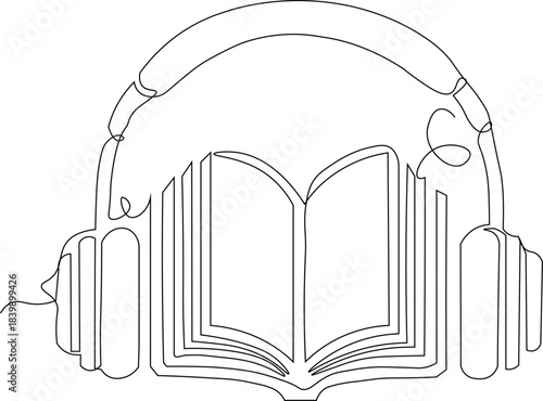 Continuous one line drawing of headphone on an open open book describing the concept of audio books or listening literature. Modern learning concept. Minimalist design. 