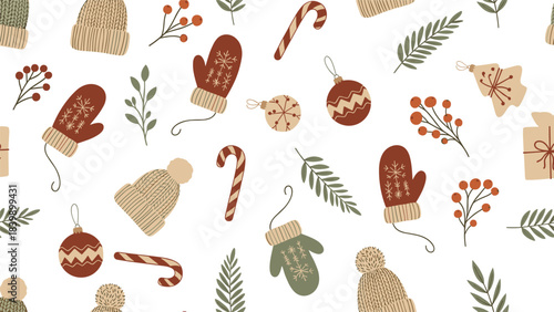 Festive seamless Christmas pattern with cozy winter elements like knitted hats, mittens, candy canes, and holiday decorations on a white background.