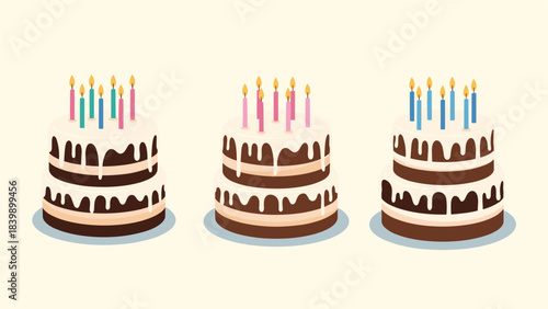 A festive set of three tiered birthday cakes with white icing drip and colorful lit candles, perfect for any birthday celebration.