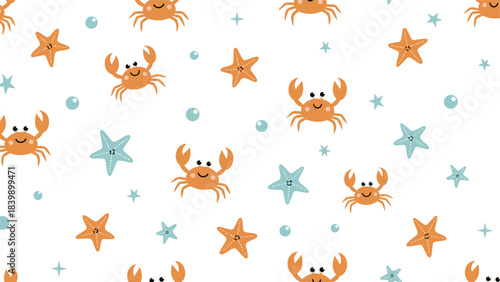 Adorable seamless underwater pattern for children, featuring cute smiling crabs, starfish, and bubbles on a crisp white background.