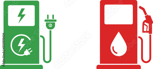 Icons Contrasting Electric Car Charger And Gasoline Fuel Dispenser gasoline car comparison