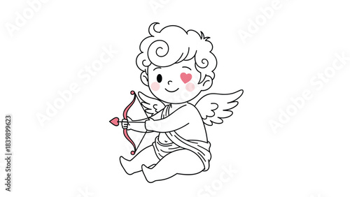A cute and charming coloring book style illustration of a winking cupid with a pink heart detail, holding a bow and arrow.