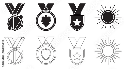 Set of medal and sun icons in black and white with solid and outline versions Keywords: medal, award, shield, star, sun, award icon, trophy