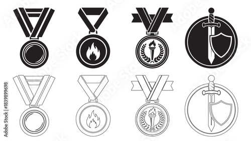 Black and white medal icons depicting flames, torches, swords, and shields Keywords: medal, icon, award, winner, flame, fire, torch, laurel wreath