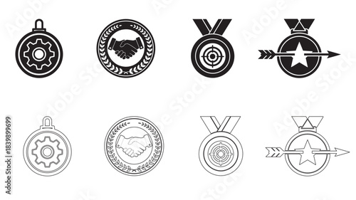 Award Medals Featuring Gear, Handshake, Target, and Arrow Icons symbol
