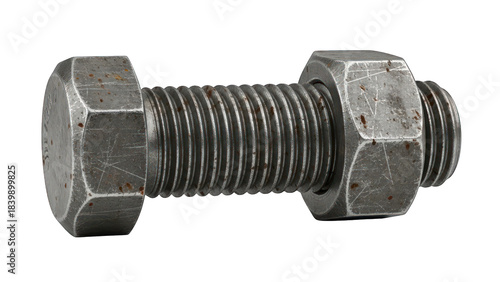 Rusty metal bolt and nut isolated on transparent background