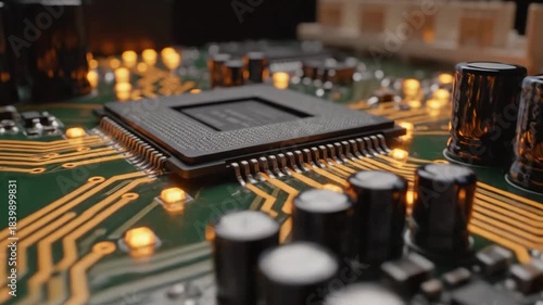 Macro Shot of a Circuit Board - This close-up shot shows the intricate details of a circuit board, featuring integrated circuits, capacitors, and conductive pathways.