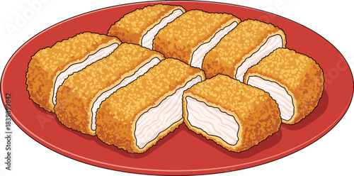 Sliced Breaded Chicken Cutlets Arranged on a Red Oval Plate Keywords: chicken, cutlet, breaded, fried, food, meal, dish, cuisine