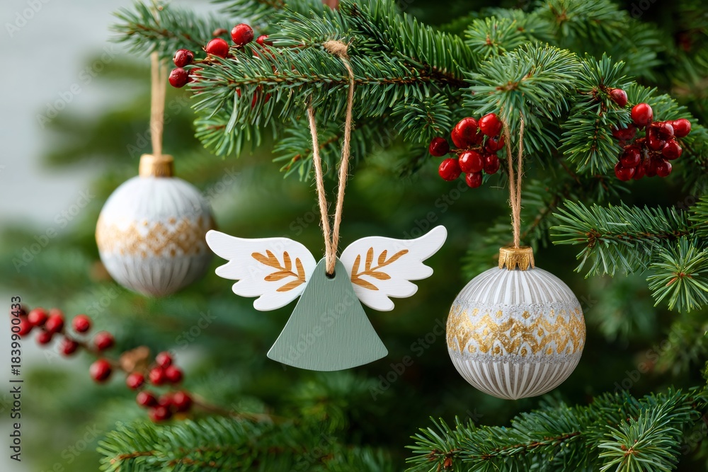 Fototapeta premium Christmas tree decorating with angel and bauble ornaments