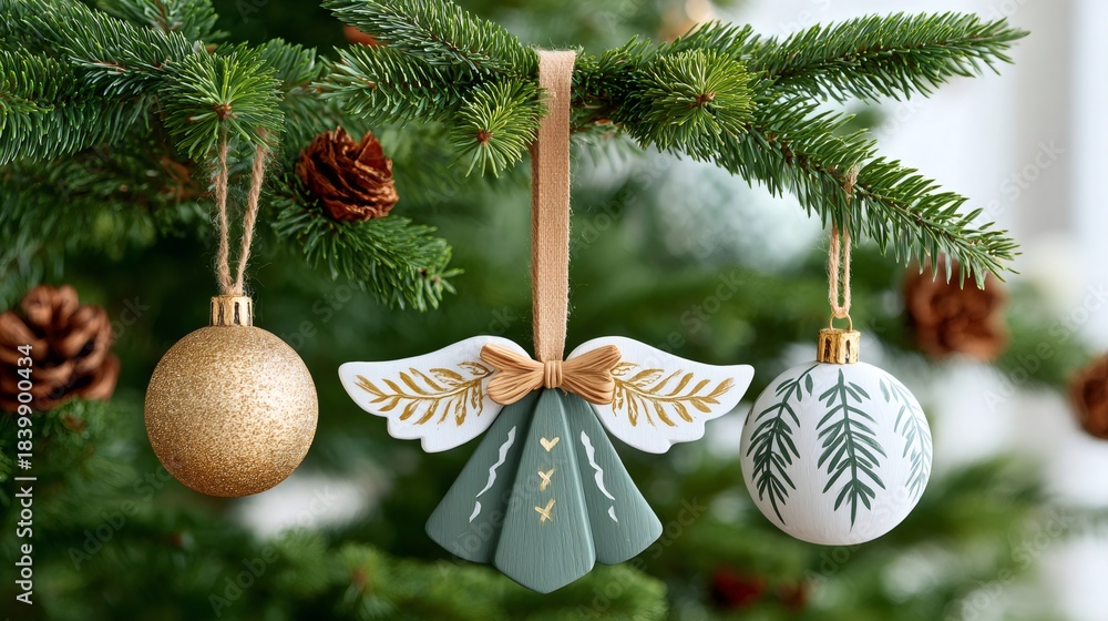 Naklejka premium Christmas holidays tree decorating with ornaments and pinecones