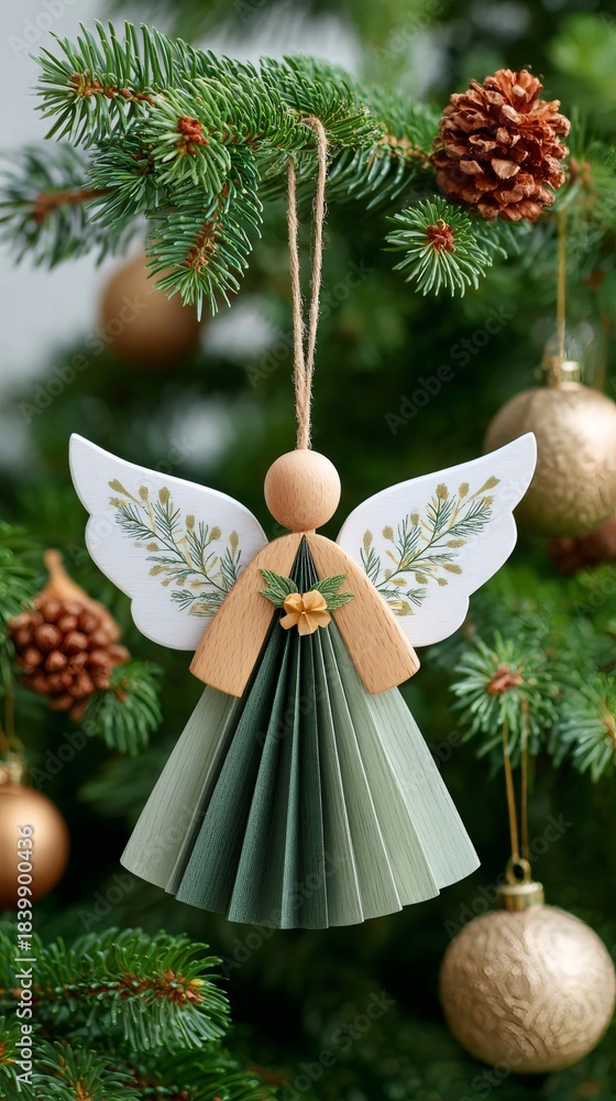 Naklejka premium Handmade angel ornament hanging on Christmas tree branch