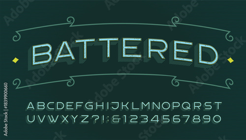 Battered alphabet font. A vintage-style set of letters and numbers with weathered textures. Perfect for creating striking headlines, logos, posters, and designs that demand an authentic, aged characte