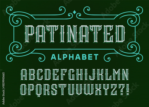 Patinated alphabet font. A vintage-style set of letters with weathered textures. Perfect for creating striking headlines, logos, posters, and designs that demand an authentic, aged character.