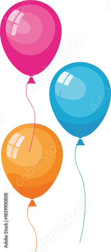 Three colorful balloons floating on white background with reflections party celebration