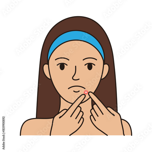 A girl popping pimple on her face, editable stroke  Vector illustration of sad woman squeezes a pimple on her chin